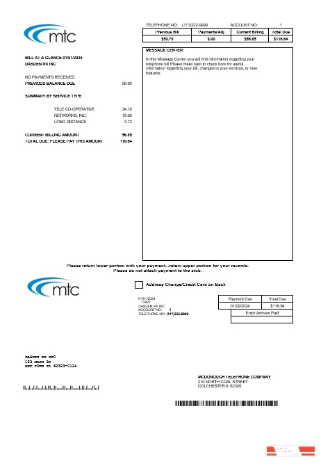 USA Illinois MTC business utility bill template in Word and PDF formats